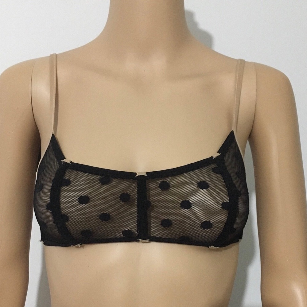 NWTS Love Haus womens black bralette beige & fuchsia straps mesh dot pattern